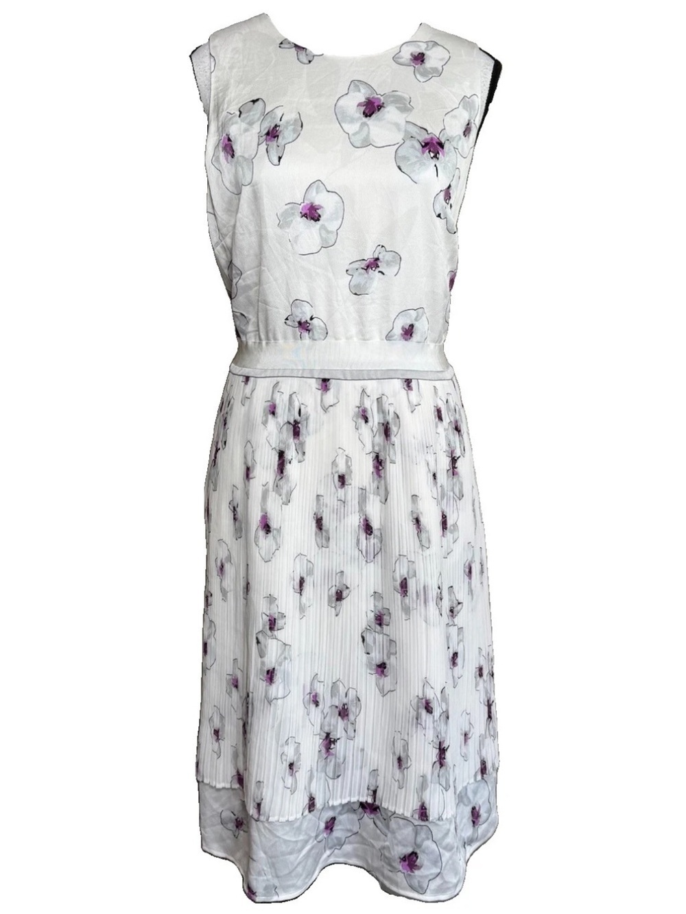 Banana Republic Midi Dress Pleated Overlay 12 White Purple Orchid Sleeveless